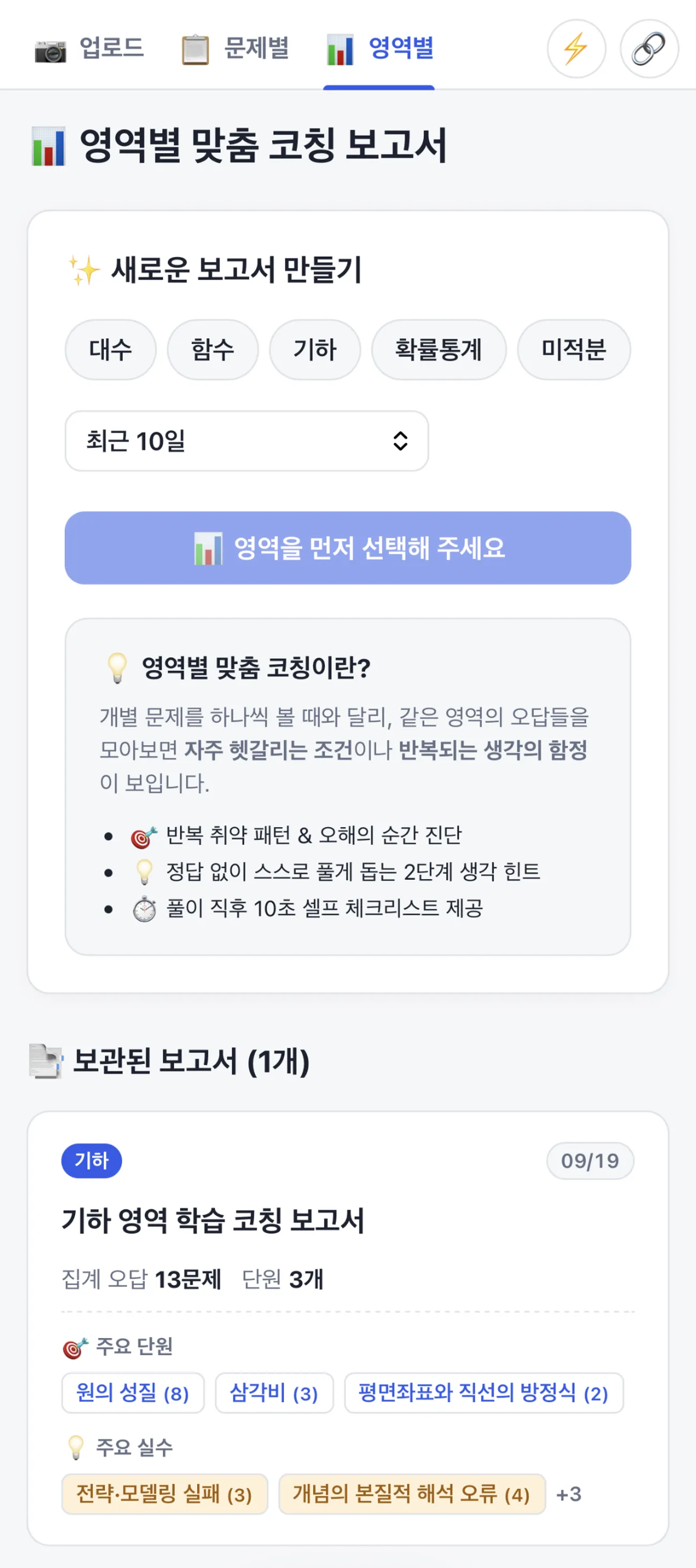 영역별 보고서 생성 화면